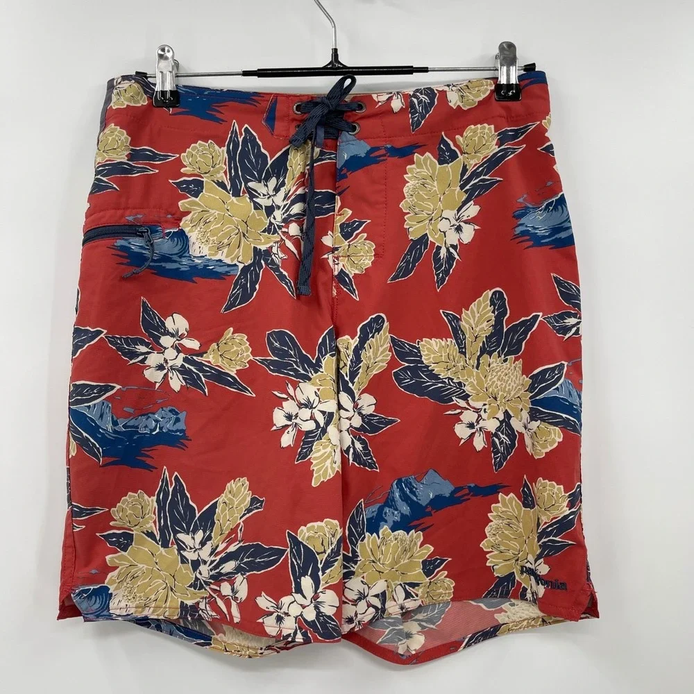 Patagonia Mens‎ Floral Swim Trunks Shorts Size 30 Red Blue Drawstring